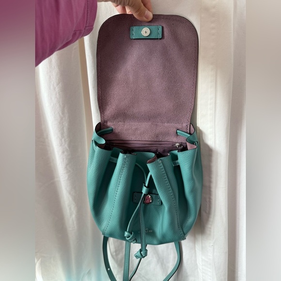 COACH Derby Turquoise Leather Small Mini Backpack Purse Bag Purple Liner - Picture 6 of 8